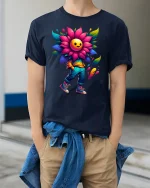 Happy Flower Head Tee for Colorful Street Style - model wearing navy tee with hands in pockets