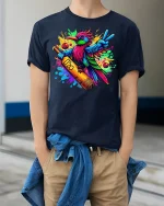 Vibrant Cricket Bird Tee for Sporty Fun Lovers - model wearing navy tee with hands in pockets