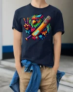 Colorful Cricket Bird Tee for T20 Game Lovers - model wearing navy tee with hands in pockets