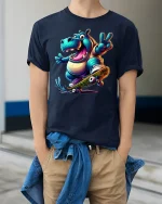 Funny Hippo Skateboard Tee for Cool Street Style - model wearing navy tee with hands in pockets