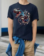 Electric T-Rex Power Tee for Dinosaur Lovers - model wearing navy tee with hands in pockets