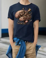 Steampunk Brain Machine Tee for Creative Minds - model wearing navy tee with hands in pockets