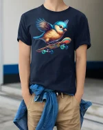 Cute Skater Bird Tee for Fun Animal Lovers - model wearing navy tee with hands in pockets