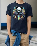 Psychedelic Panda Energy Tee for Cool Street Vibes - model wearing navy tee with hands in pockets