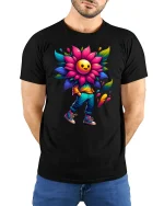 Happy Flower Head Tee for Colorful Street Style - model wearing black tee with hands behind back