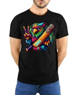 Colorful Cricket Bird Tee for T20 Game Lovers - model wearing black tee with hands behind back