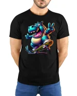 Funny Hippo Skateboard Tee for Cool Street Style - model wearing black tee with hands behind back