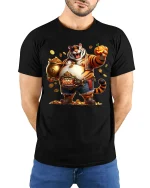 Funny Rich Tiger Tee with Gold Coins and Style - model wearing black tee with hands behind back