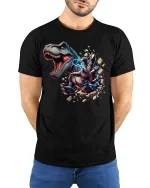 Electric T-Rex Power Tee for Dinosaur Lovers - model wearing black tee with hands behind back