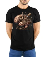 Steampunk Brain Machine Tee for Creative Minds - model wearing black tee with hands behind back
