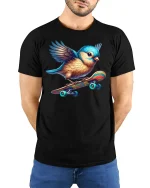 Cute Skater Bird Tee for Fun Animal Lovers - model wearing black tee with hands behind back