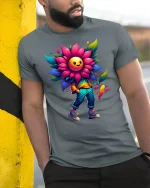 Happy Flower Head Tee for Colorful Street Style - model wearing grey tee, leaning on column