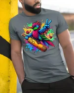Vibrant Cricket Bird Tee for Sporty Fun Lovers - model wearing grey tee, leaning on column