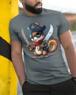 Cute Pirate Squirrel Tee for Funny Adventure Fans - model wearing grey tee, leaning on column