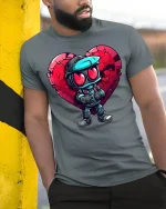 Cool Heart Soldier Tee for Love and Battle Fans - model wearing grey tee, leaning on column