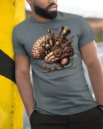 Steampunk Brain Machine Tee for Creative Minds - model wearing grey tee, leaning on column