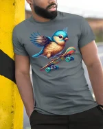 Cute Skater Bird Tee for Fun Animal Lovers - model wearing grey tee, leaning on column