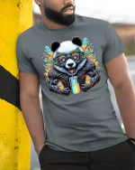 Psychedelic Panda Energy Tee for Cool Street Vibes - model wearing grey tee, leaning on column