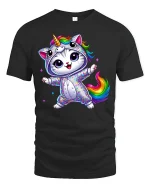 Rainbow Unicorn Cat Dance Magic Graphic Tee for Kids and Adults - black t-shirt on white background