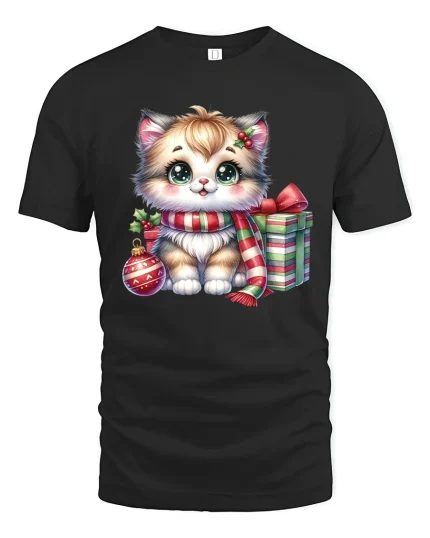 Cute Christmas Kitten Scarf and Gift Box Holiday Graphic Tee - black t-shirt on white background
