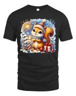 Cute Christmas Squirrel Fireworks and Gifts Holiday Graphic Tee - black t-shirt on white background