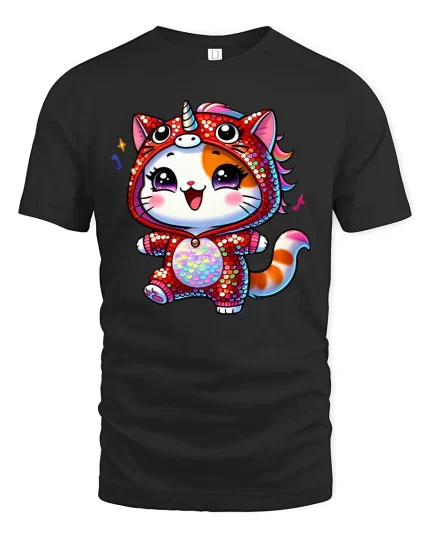 Kawaii Cat Unicorn Onesie Rainbow Sparkle Cute Graphic Tee - black t-shirt on white background