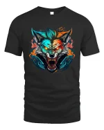 Cyber Neon Wolf Rage Fierce Tech Beast Graphic Tee - black t-shirt on white background