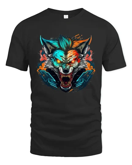 Cyber Neon Wolf Rage Fierce Tech Beast Graphic Tee - black t-shirt on white background