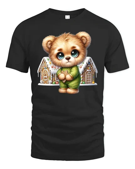 Cute Christmas Bear Gingerbread House Holiday Graphic Tee - black t-shirt on white background