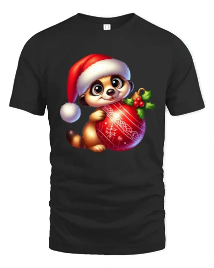 Cute Christmas Meerkat Hugging Ornament Holiday Graphic Tee - black t-shirt on white background