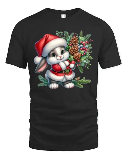 Cute Christmas Bunny Santa Outfit Holiday Graphic Tee - black t-shirt on white background