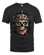 Inferno Skull Green Eyes Spiked Warrior Graphic Tee - black t-shirt on white background