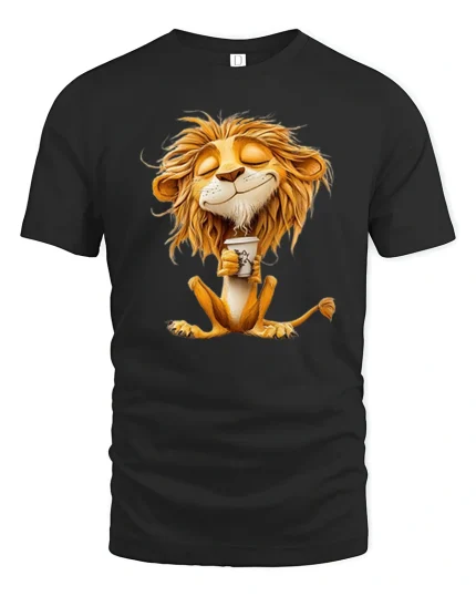 Chill Coffee Lion Cute Morning Vibes Cartoon Graphic Tee - black t-shirt on white background