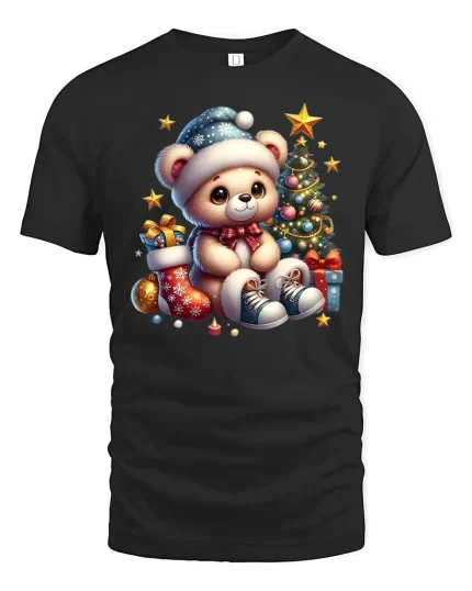 Cute Christmas Teddy Bear Holiday Tree Graphic Tee - black t-shirt on white background