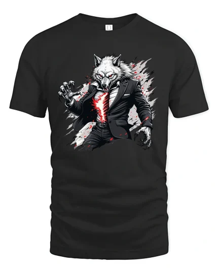 Savage Alpha Werewolf Suit Attack Graphic Tee for Men - black t-shirt on white background