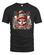 Cute Winter Deer Cozy Hat and Scarf Holiday Graphic Tee - black t-shirt on white background