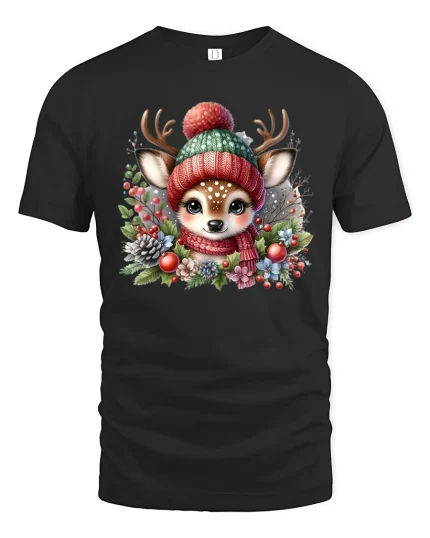 Cute Winter Deer Cozy Hat and Scarf Holiday Graphic Tee - black t-shirt on white background