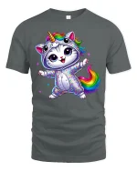 Rainbow Unicorn Cat Dance Magic Graphic Tee for Kids and Adults - gray t-shirt on white background