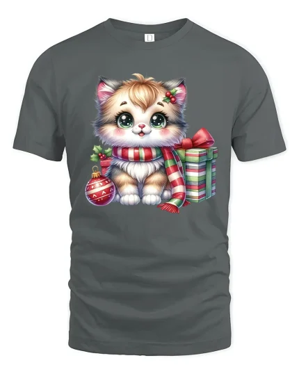 Cute Christmas Kitten Scarf and Gift Box Holiday Graphic Tee - gray t-shirt on white background