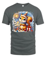 Cute Christmas Squirrel Fireworks and Gifts Holiday Graphic Tee - gray t-shirt on white background