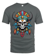 Vibrant Feather Skull Warrior Fantasy Art Graphic Tee - gray t-shirt on white background
