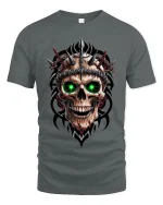 Inferno Skull Green Eyes Spiked Warrior Graphic Tee - gray t-shirt on white background