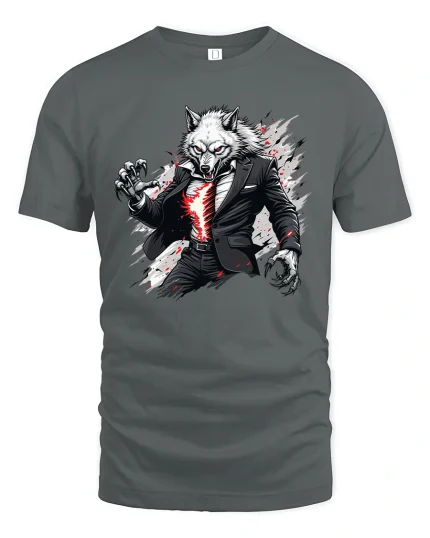 Savage Alpha Werewolf Suit Attack Graphic Tee for Men - gray t-shirt on white background