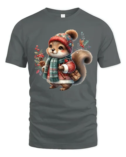 Cute Winter Squirrel Cozy Scarf and Hat Woodland Graphic Tee - gray t-shirt on white background