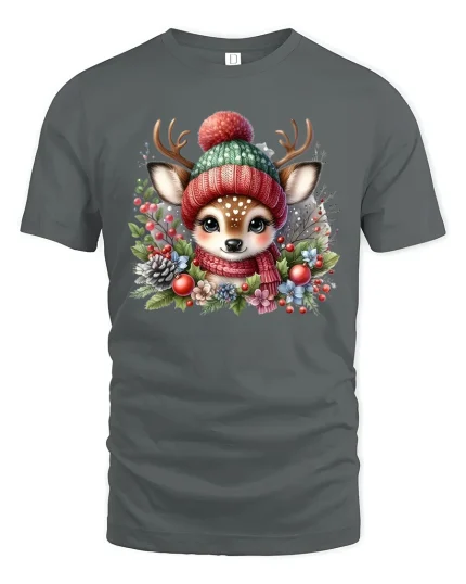 Cute Winter Deer Cozy Hat and Scarf Holiday Graphic Tee - gray t-shirt on white background