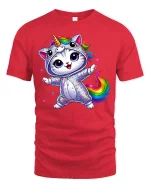 Rainbow Unicorn Cat Dance Magic Graphic Tee for Kids and Adults - red t-shirt on white background