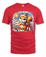 Cute Christmas Squirrel Fireworks and Gifts Holiday Graphic Tee - red t-shirt on white background
