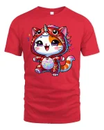 Kawaii Cat Unicorn Onesie Rainbow Sparkle Cute Graphic Tee - red t-shirt on white background