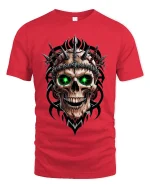 Inferno Skull Green Eyes Spiked Warrior Graphic Tee - red t-shirt on white background