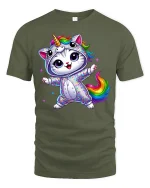Rainbow Unicorn Cat Dance Magic Graphic Tee for Kids and Adults - military green t-shirt on white background